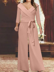 V-Neck Chiffon Jumpsuit with Ruched Detail and 3/4 Sleeves for the Mother