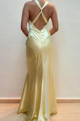 Dressystars V-Neck Cross Back Yellow Satin Prom Gown With Ruched Detailing Formal Evening Gown