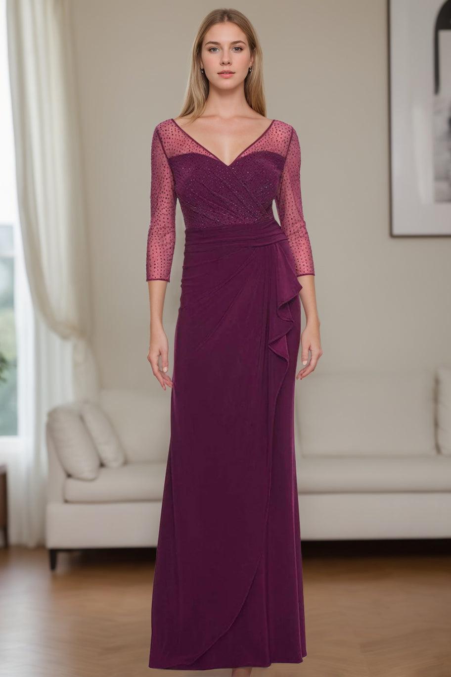 mother of the bride dresses with ruching V-Neck Floor-Length Mother of the Bride Dress with Rhinestones Ruched –  Dressystars