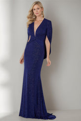 V-Neck Floor-Length Mother of the Bride Sheath Dress With Three-Quarter Sleeves and Ruffles