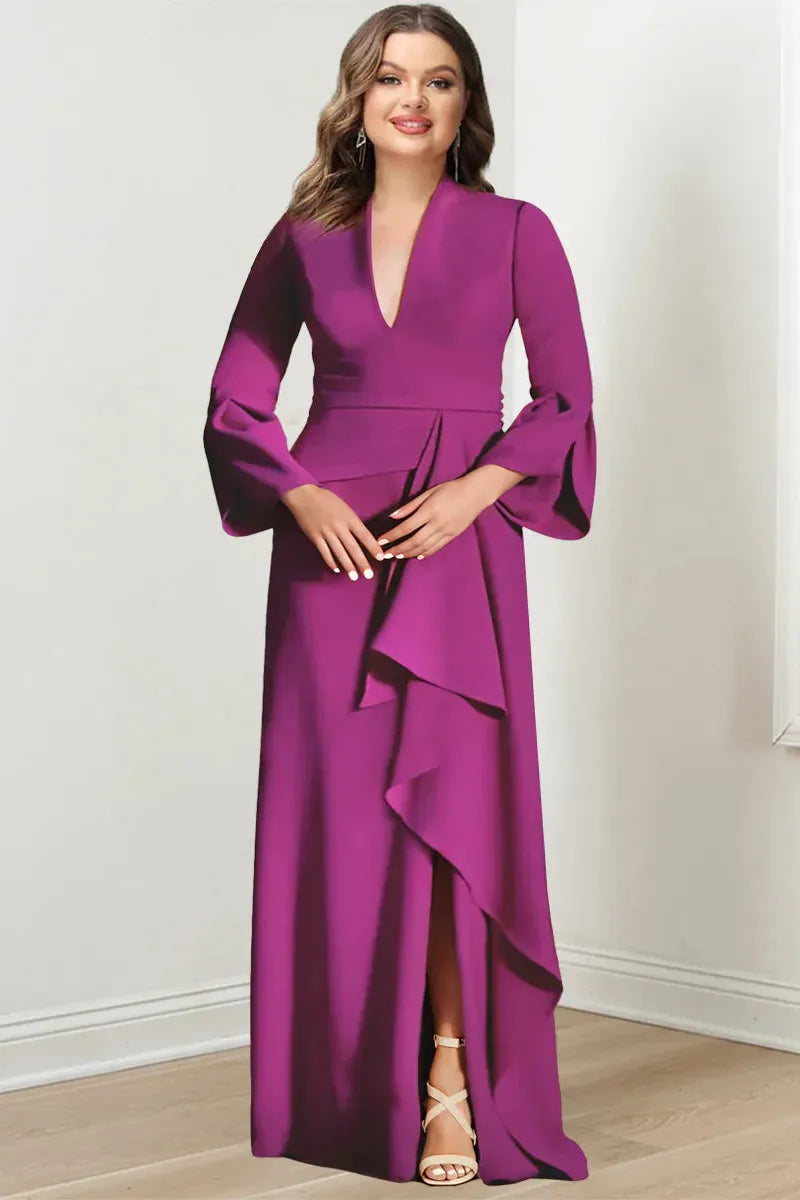 V-Neck Floor-Length Plus Size Mother of the Bride Gown With Side Split and Long Sleeves