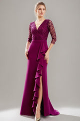 V-Neck Floor-Length Trumpet/Mermaid Mother of the Bride Dress with Slit Ruffles and Tulle Lace