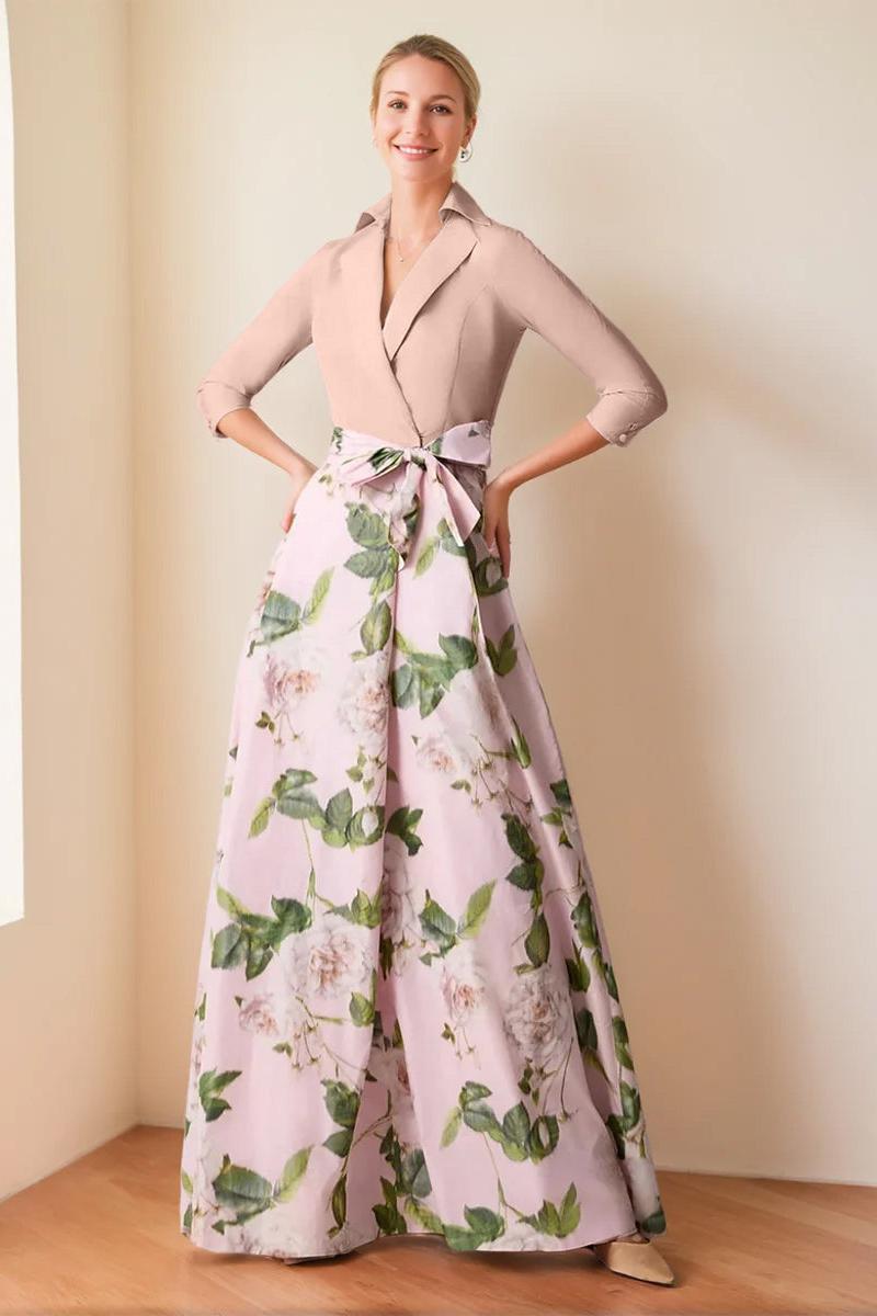 V-Neck Floral Print Mother of the Bride Dress with Bow Belt A-Line/Pri –  Dressystars