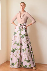 V-Neck Floral Print Mother of the Bride Dress with Bow Belt A-Line/Princess Cut and 3/4 Sleeves