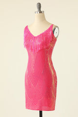 V-Neck Fuchsia Homecoming Dresses Cocktail Dresses With Fringes