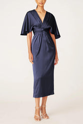 V-Neck Half-Sleeve Tea-Length Sheath Dress with Ruffles for the Mother of the Bride