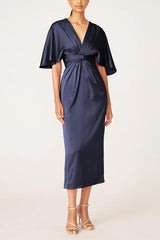 V-Neck Half-Sleeve Tea-Length Sheath Dress with Ruffles for the Mother of the Bride