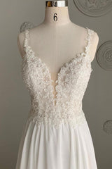 V Neck Handmade Wedding Dress Ivory Chiffon Lace Long Formal Dress Evening Dress