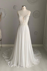 V Neck Handmade Wedding Dress Ivory Chiffon Lace Long Formal Dress Evening Dress