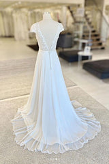 V Neck Handmade Wedding Dress Ivory Lace Chiffon Long Evening Dress