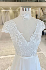 V Neck Handmade Wedding Dress Ivory Lace Chiffon Long Evening Dress