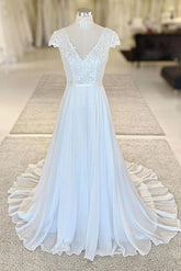 V Neck Handmade Wedding Dress Ivory Lace Chiffon Long Evening Dress