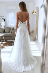 Spaghetti Straps Lace Wedding Dress Ivory Tulle A Line Bridal Gown with Slit
