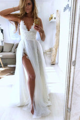 V Neck Handmade Wedding Dress Ivory Tulle Lace Long Evening Dress
