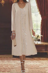V-Neck Long-Sleeve Tea-Length Mother of the Bride Dress with Jacket and Sequins