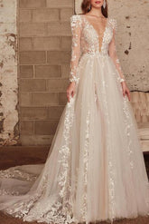 V Neck Long Sleeves Court Train Lace/Tulle Wedding Dress