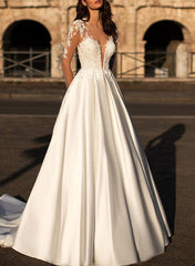 V Neck Long Sleeves Satin Wedding Dress With Appliques Lace