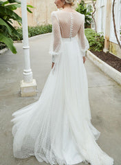V Neck Long Sleeves Tulle A Line Bridal Gowns
