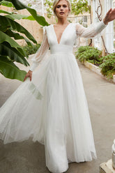V Neck Long Sleeves Tulle A Line Bridal Gowns