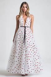 V-Neck Long White Tulle A Line Formal Dress With Polka Dots