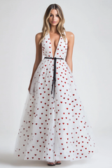 V-Neck Long White Tulle A Line Formal Dress With Polka Dots