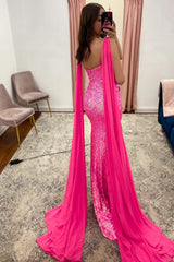 V Neck Mermaid Hot Pink Prom Dress Sequined Long Evening Dress with Slit