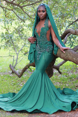 V-Neck Mermaid Prom Dress Sleeveless Beading Formal Dress