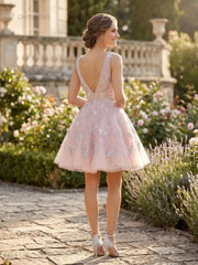 Dressystars V-Neck Mini Dress with Allover Sequined Petals Homecoming Dresses