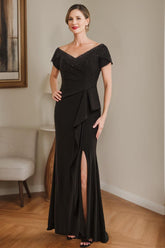 V-Neck Mother of the Bride Sheath/Column Dress with Beading Side Split and Ruffles