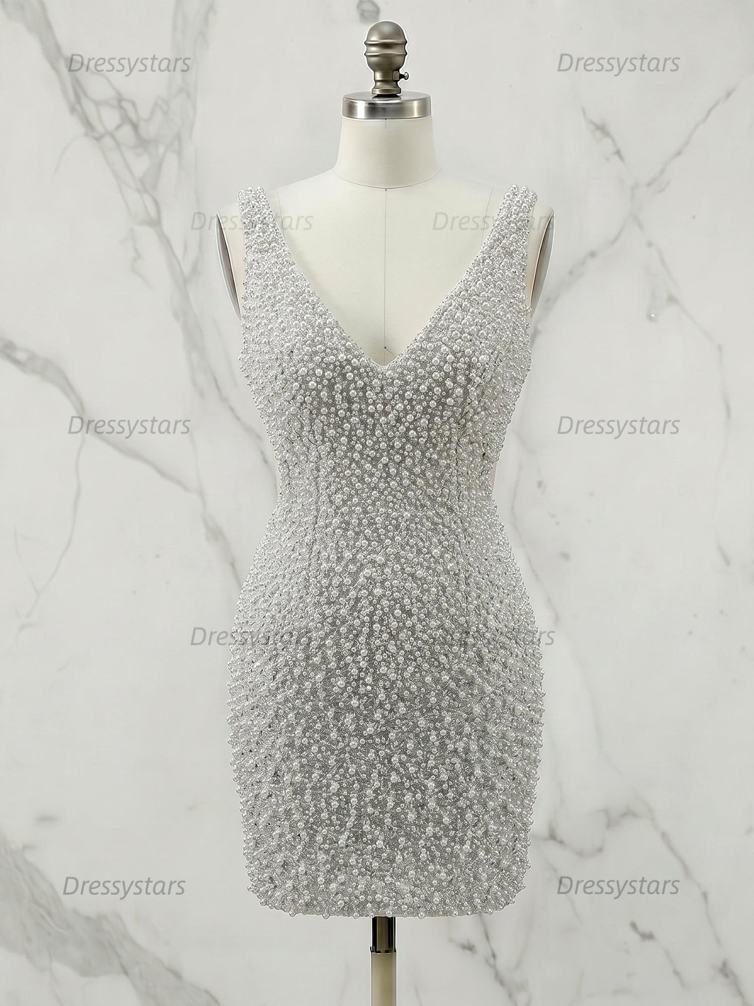 Dressystars V Neck Pearl Embellished Short Homecoming Dress