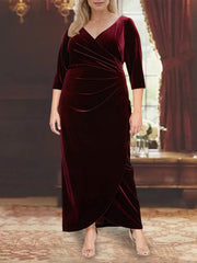 V-Neck Princess A-Line Asymmetrical Mother of the Bride Dress with 3/4 Sleeves and Ruffles