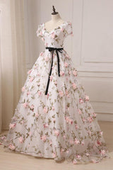 V Neck Prom Dress 3D Appliques Long Formal Evening Dress