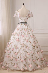 V Neck Prom Dress 3D Appliques Long Formal Evening Dress