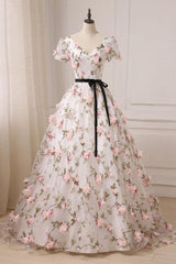 V Neck Prom Dress 3D Appliques Long Formal Evening Dress