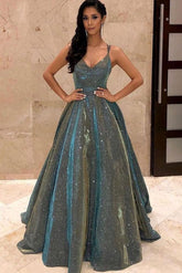 V Neck Prom Dress A Line Backless Gray Long Evening Dress