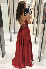 V Neck Prom Dress A Line Long Burgundy Evening Dress