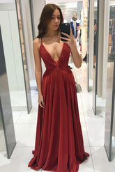 V Neck Prom Dress A Line Long Burgundy Evening Dress