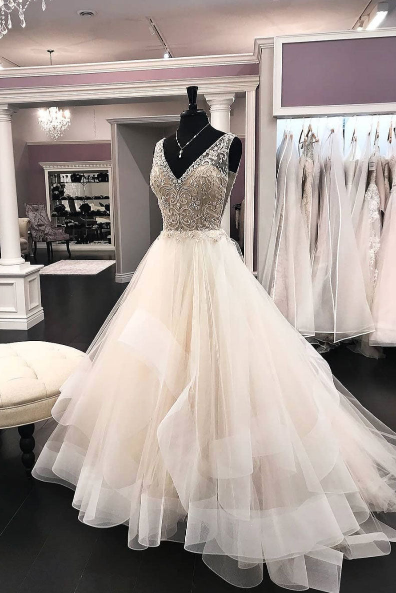 V Neck Prom Dress Beaded Tulle Long Formal Evening Dress