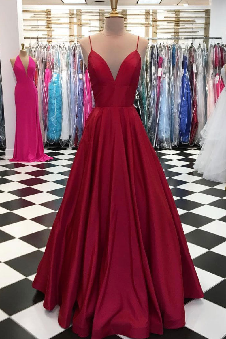 V Neck Prom Dress Burgundy Long Evening Dress
