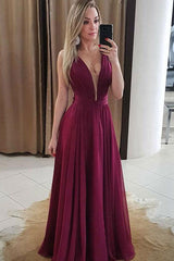 V Neck Prom Dress Chiffon Burgundy Long Evening Dress