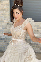 V Neck Prom Dress Ivory Appliques Tiered Tulle Evening Dress