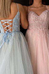 V Neck Prom Dress Lace Up Delicate Appliques Tulle A Line Evening Dress