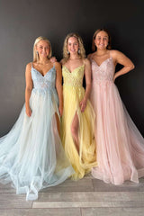 V Neck Prom Dress Lace Up Delicate Appliques Tulle A Line Evening Dress