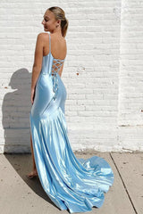 V Neck Prom Dress Mermaid Blue Long Evening Dress
