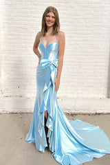 V Neck Prom Dress Mermaid Blue Long Evening Dress