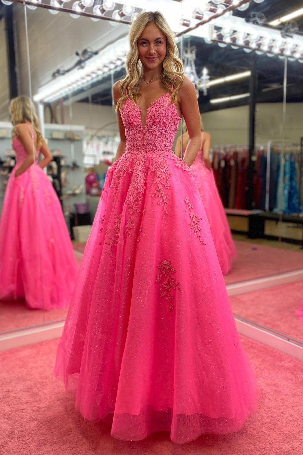 V Neck Prom Dress Pink A Line Lace Long Evening Dress