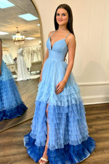 V Neck Prom Dress Ruffle Tiered in Lavender and Purple Evening Dress