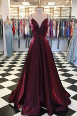 V Neck Prom Dress Satin Burgundy Long Evening Dress