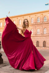 V Neck Prom Dress Satin Dark Red Prom Dress Long Burgundy Bridesmaid Dress Evening Dress