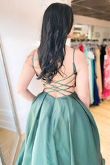 V Neck Prom Dress Satin Green Long Evening Dress